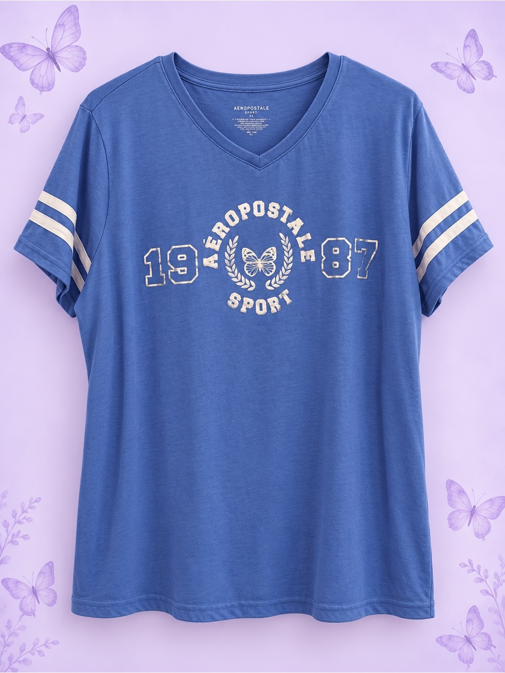 Aeropostale Blue V-Neck Sport Tee with Cream Stripe Accents
